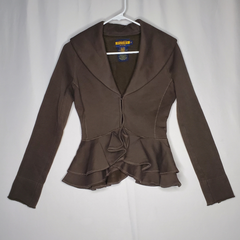 Rugby Ralph Lauren Blazer Womens Small Brown Fleece Ruffle Hook Vtg Y2K 00s